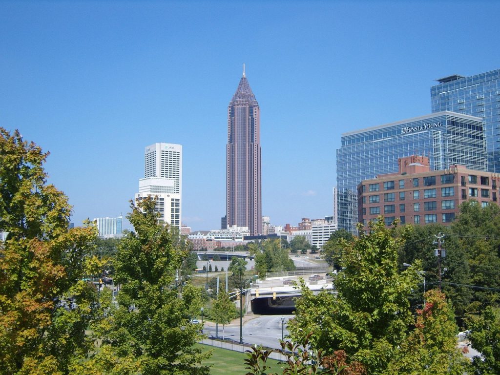 atlanta, downtown, skyline, urban, nature, cityscape, skyscrapers, buildings, cities, city, georgia, towers, tall, outside, trees, sky, architecture