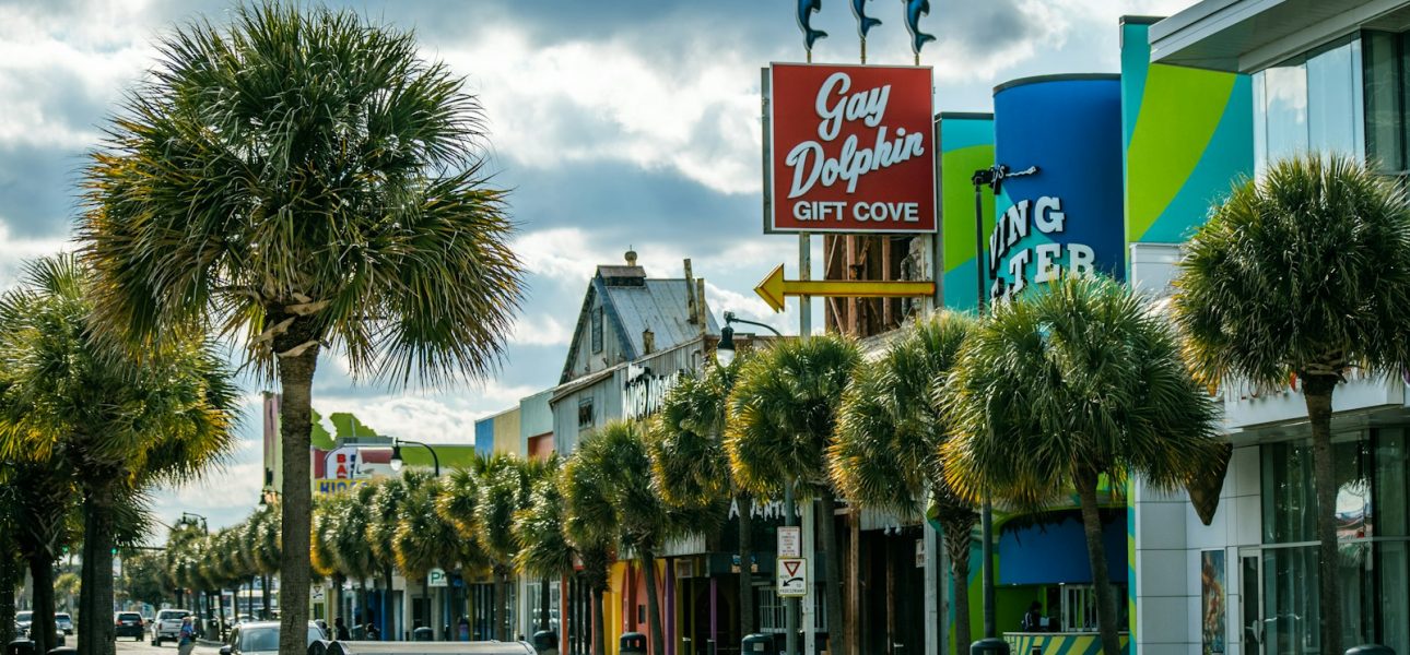 a street with palm trees and buildings
