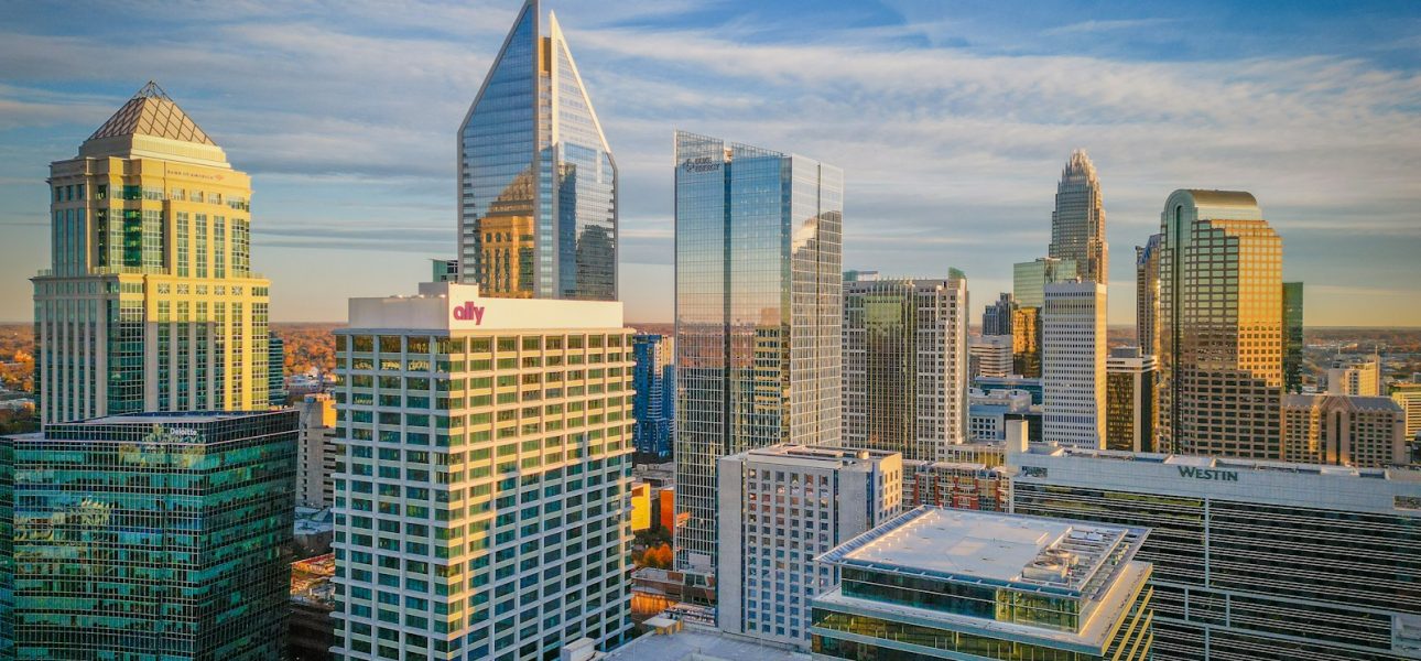 a view of a city with tall buildings