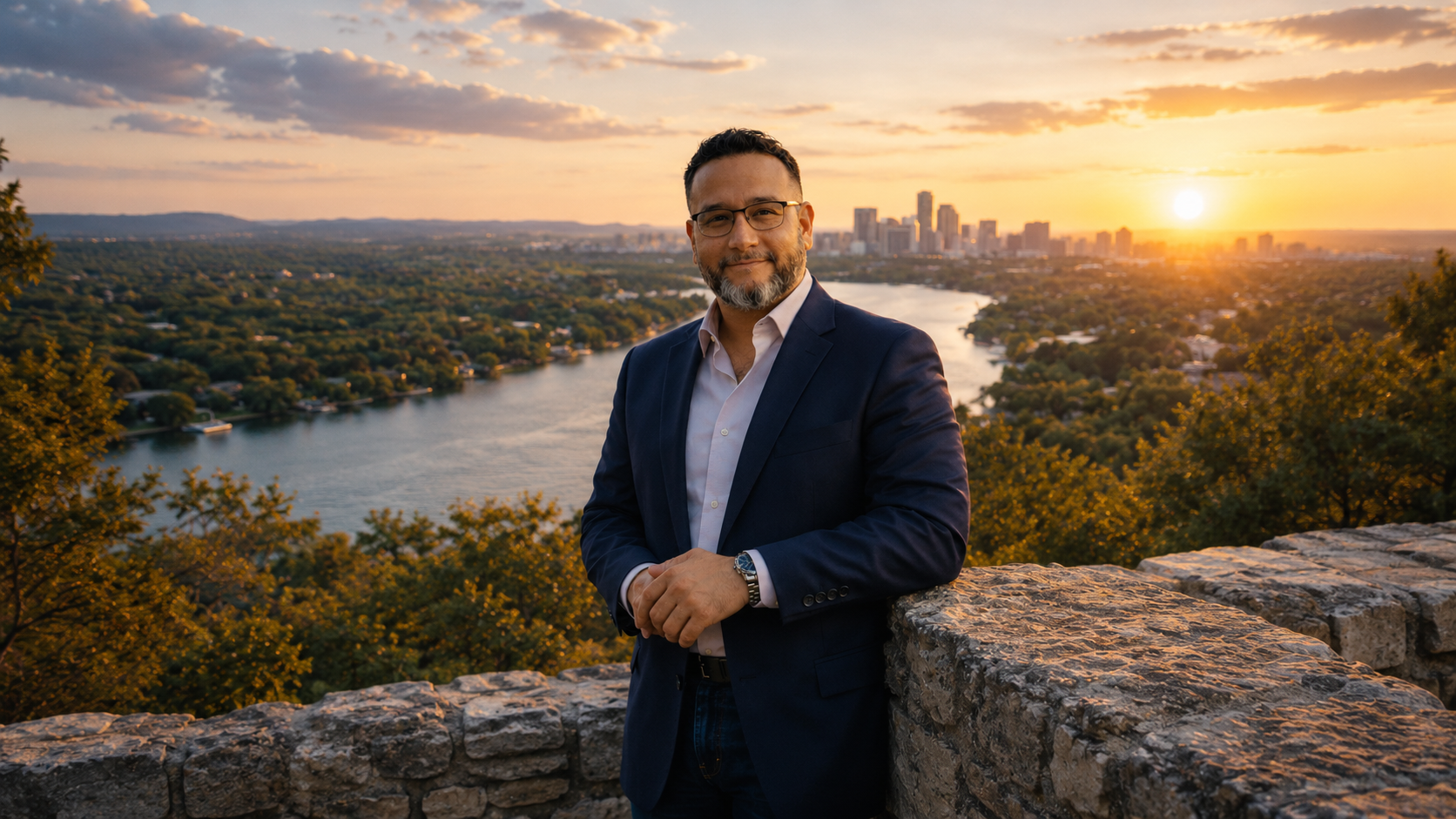 Carlos Yanez, Bancaverse founder, standing above Lake Austin at sunset