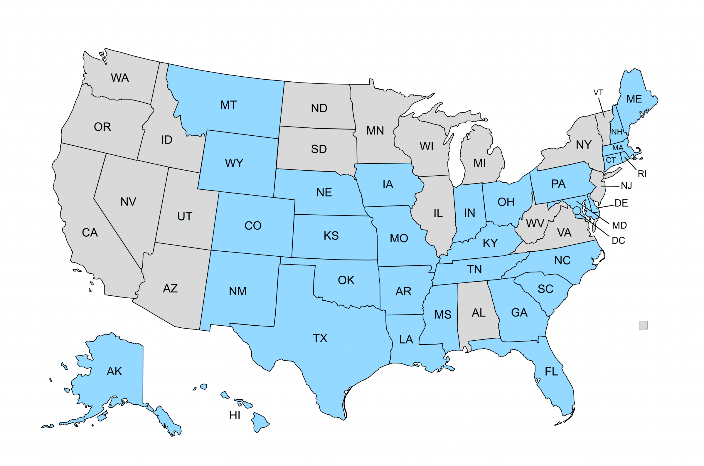 Map of the 32 U.S. states where Bancaverse arranges business-purpose real estate loans