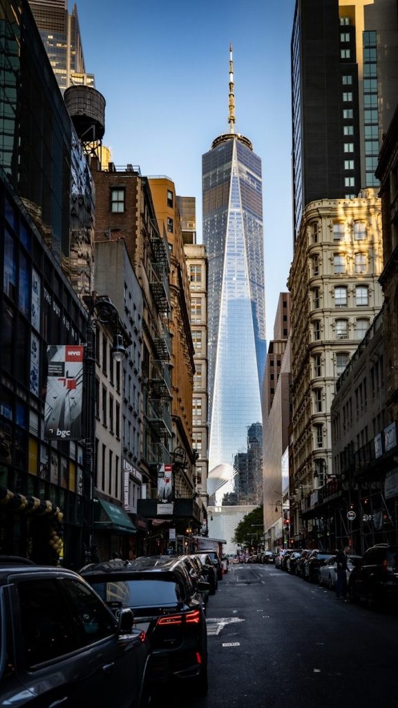 One World Trade Center rising above a New York City street