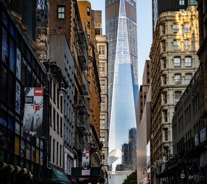 One World Trade Center rising above a New York City street