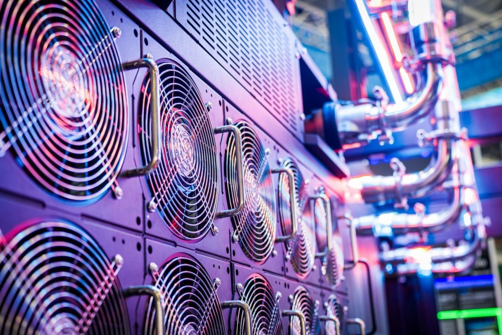 Data center server racks with colorful cabling