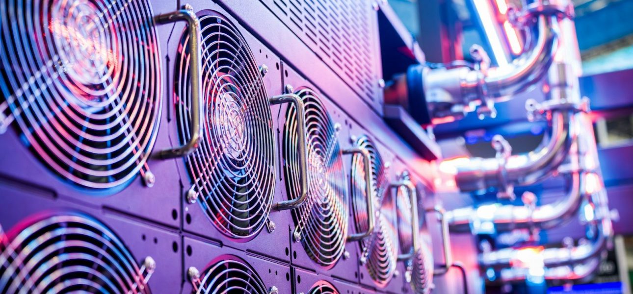 Data center server racks with colorful cabling