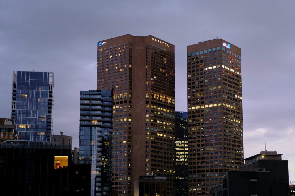 Downtown office towers at dusk