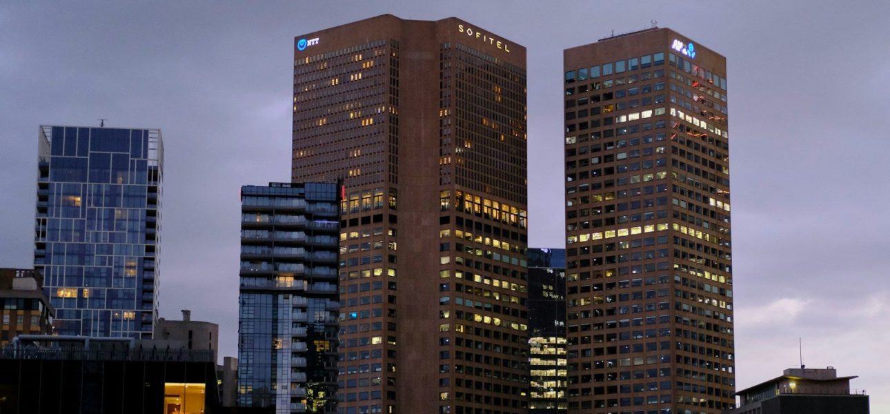 Downtown office towers at dusk