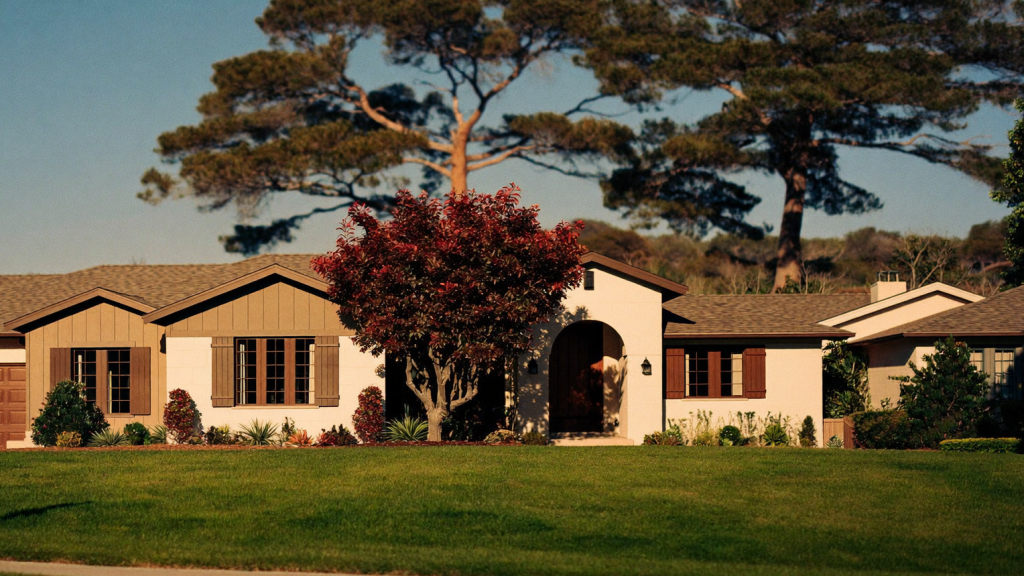 Full-color photo of an American single-family rental home at golden hour, representing DSCR rental-loan financing