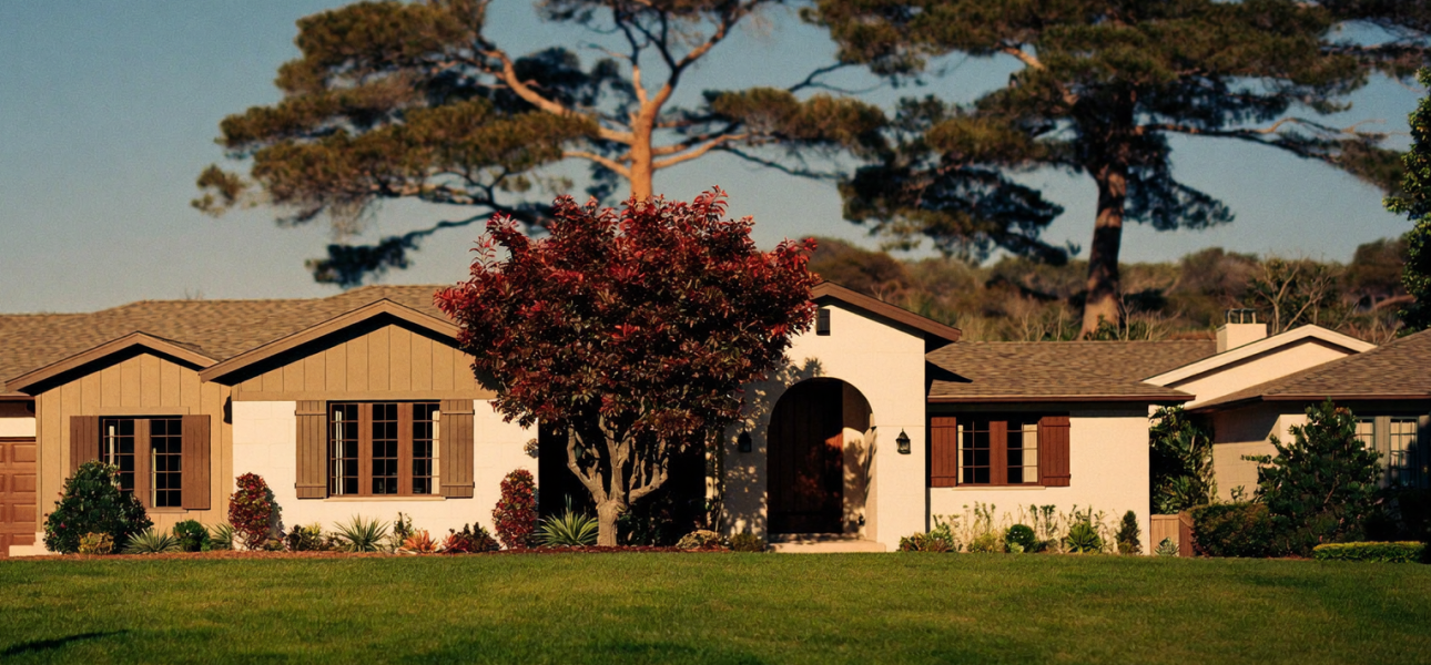 Full-color photo of an American single-family rental home at golden hour, representing DSCR rental-loan financing
