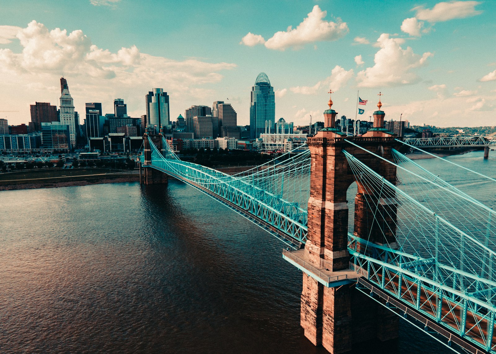 The Cincinnati skyline behind the John A. Roebling Suspension Bridge over the Ohio River