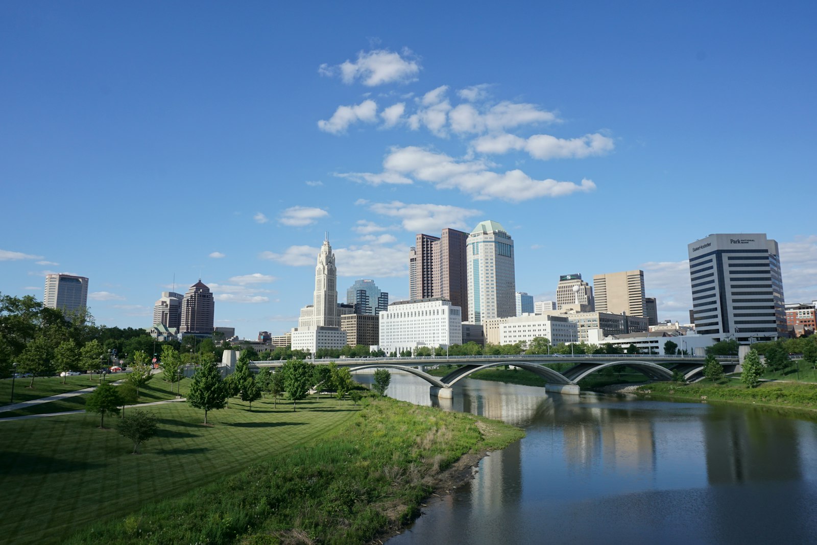 The Columbus, Ohio downtown skyline seen from the Scioto riverfront park