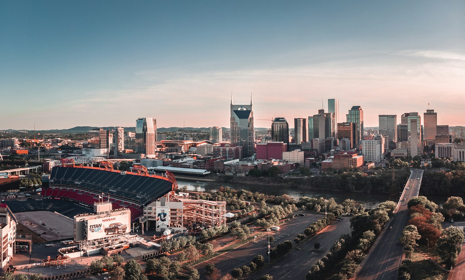 Aerial view of the downtown Nashville, Tennessee skyline at golden hour