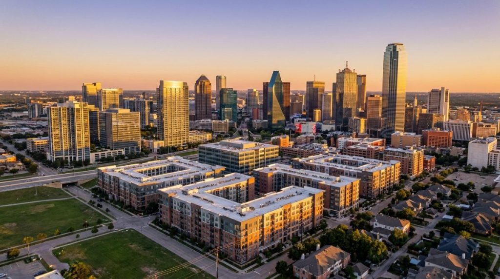 Aerial golden-hour view of a Texas city skyline with new mid-rise apartment buildings