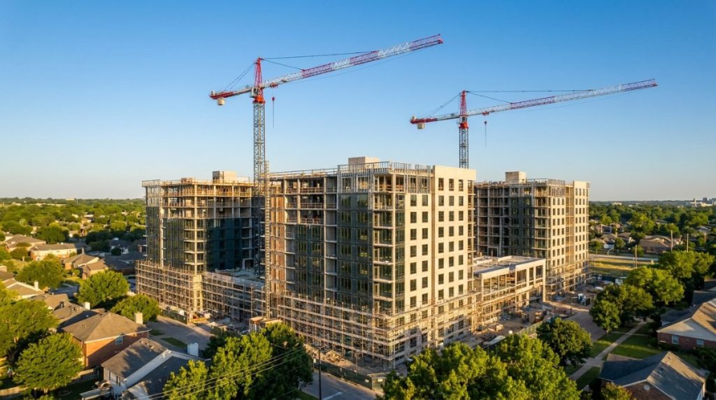 Modern U.S. multifamily apartment building under construction with two tower cranes