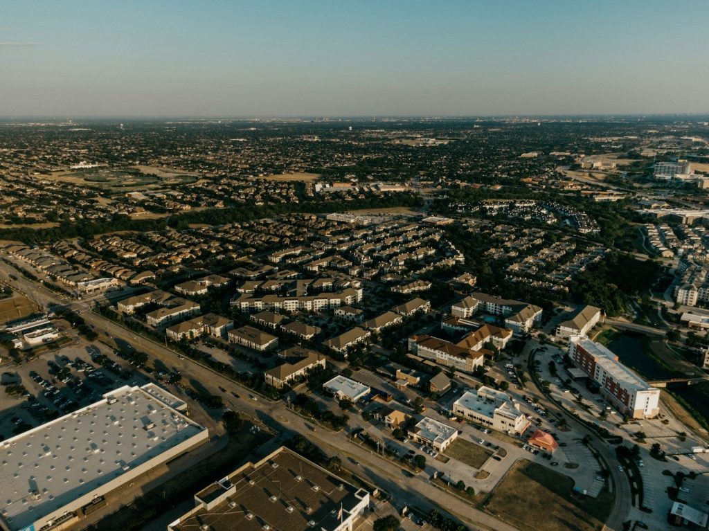 Aerial view of a suburban neighborhood in Frisco Texas