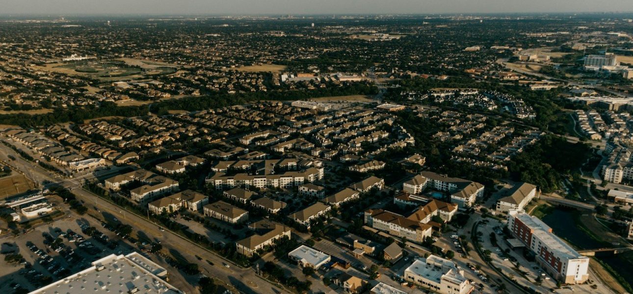 Aerial view of a suburban neighborhood in Frisco Texas