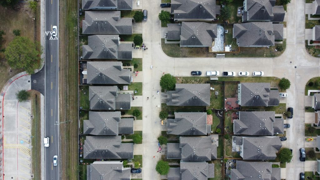Aerial view of a Houston neighborhood of single-family rental homes, typical DSCR loan Houston investors finance