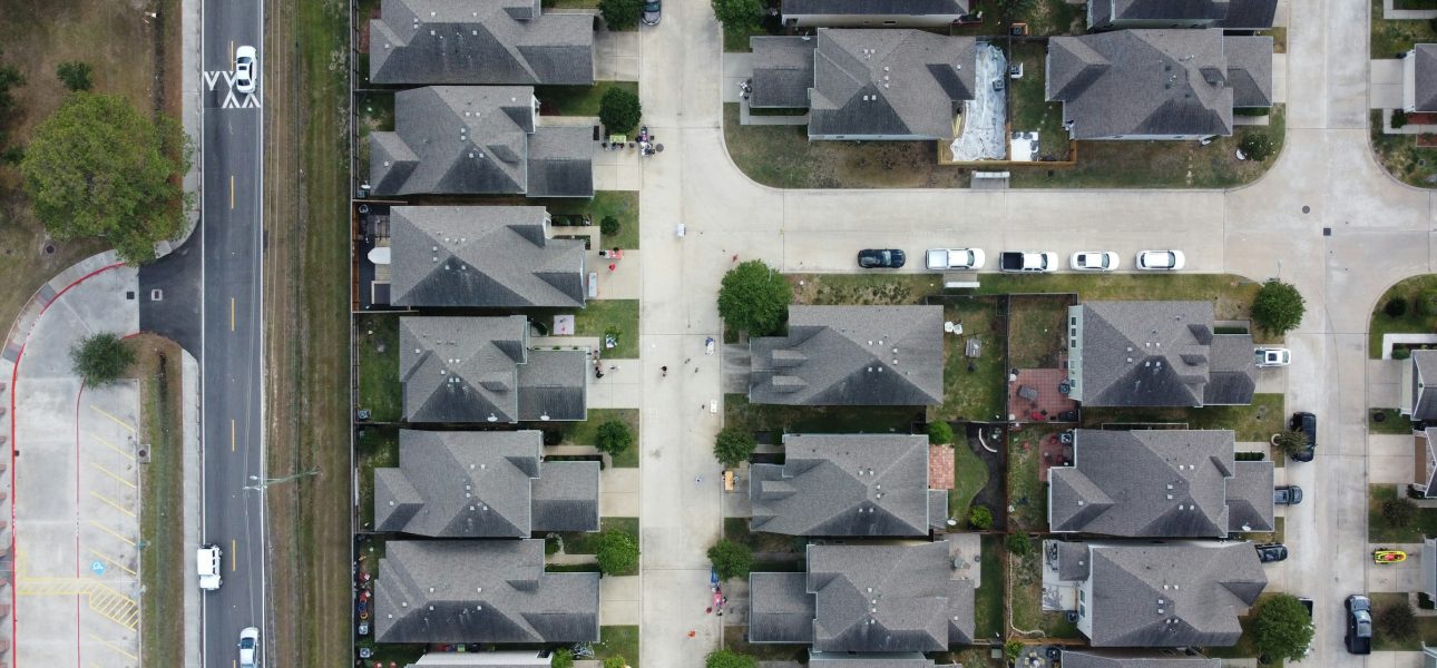 Aerial view of a Houston neighborhood of single-family rental homes, typical DSCR loan Houston investors finance