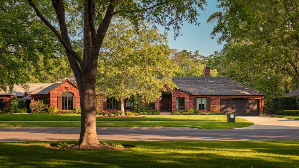 Renovated brick craftsman bungalow home on a tree-lined street in Memphis, Tennessee in late-afternoon light