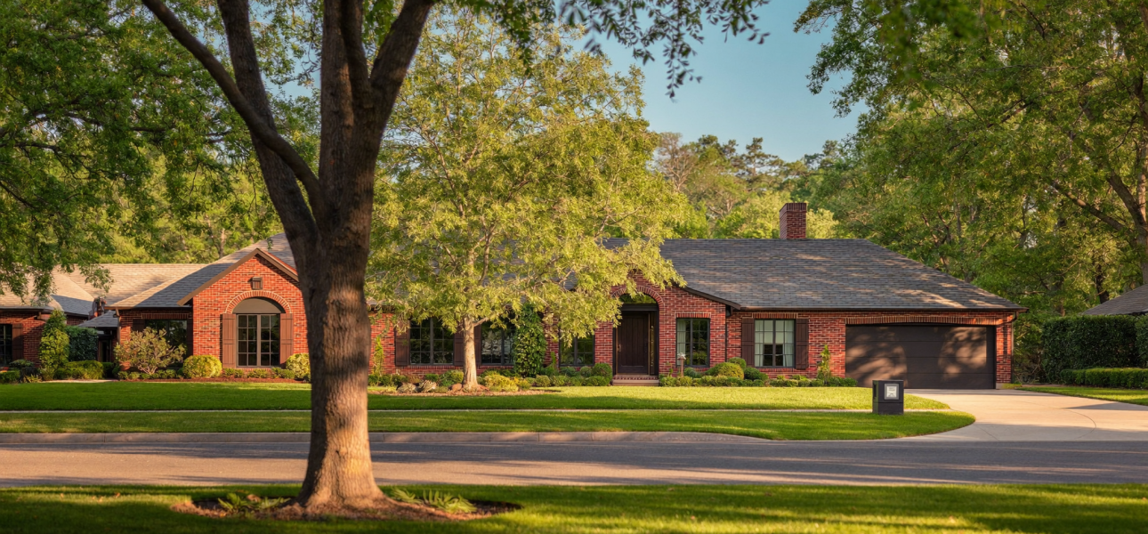 Renovated brick craftsman bungalow home on a tree-lined street in Memphis, Tennessee in late-afternoon light