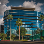 Modern mid-rise office building with blue glass facade and palm trees in Tampa, Florida