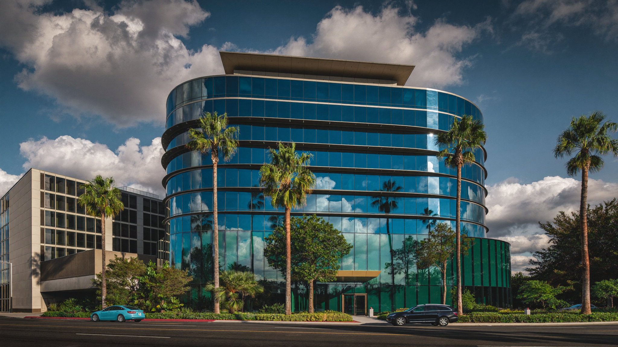 Modern mid-rise office building with blue glass facade and palm trees in Tampa, Florida